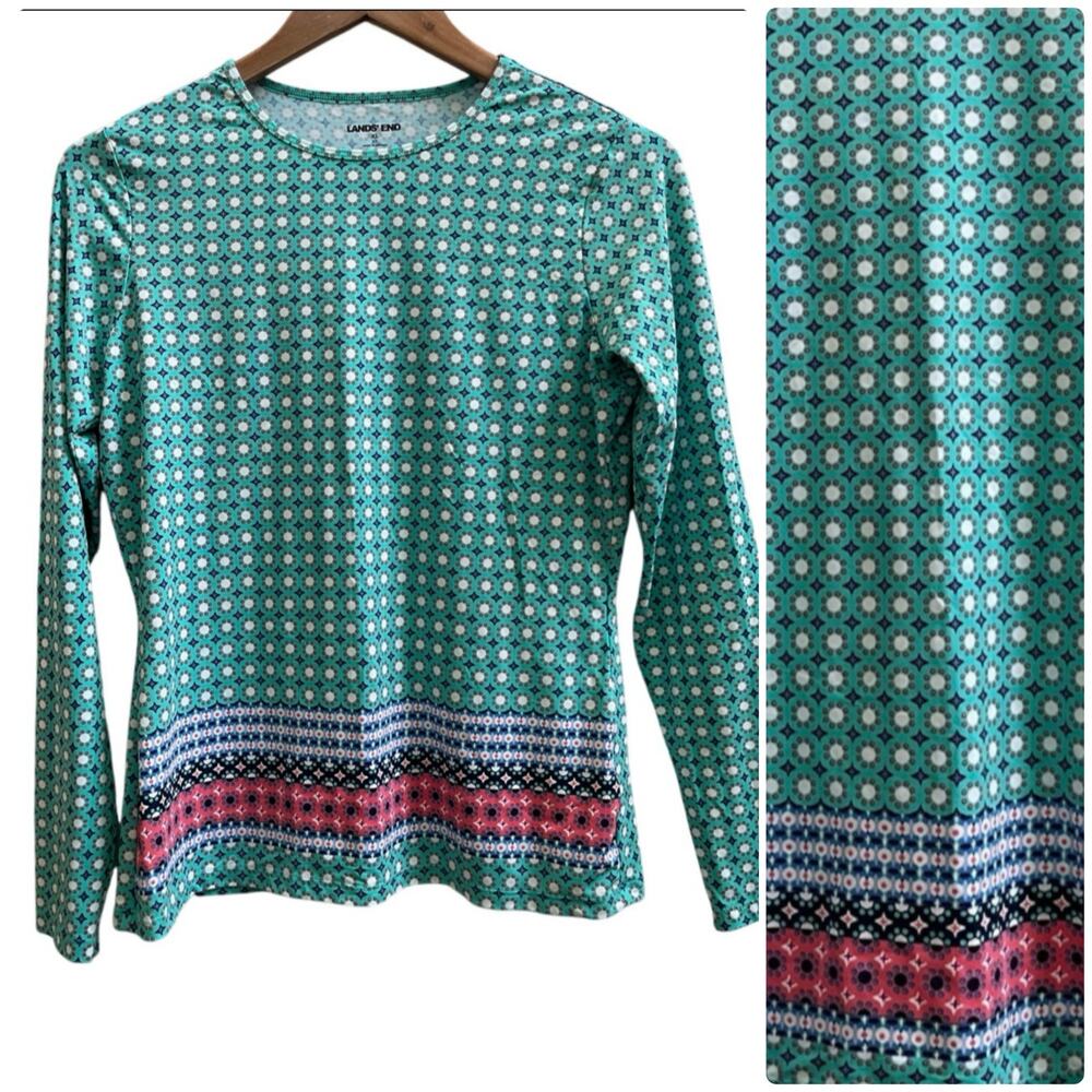 Lands End Geometric Print Crew Neck Long Sleeve Sun Swim Rash Guard Top XS
